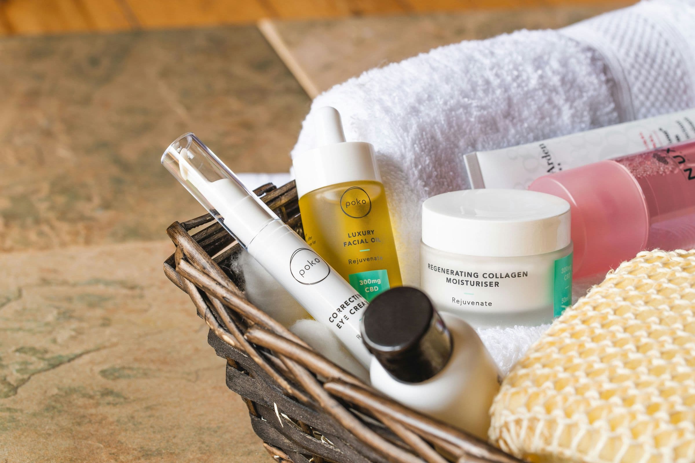 Basket of bath amenities and towels