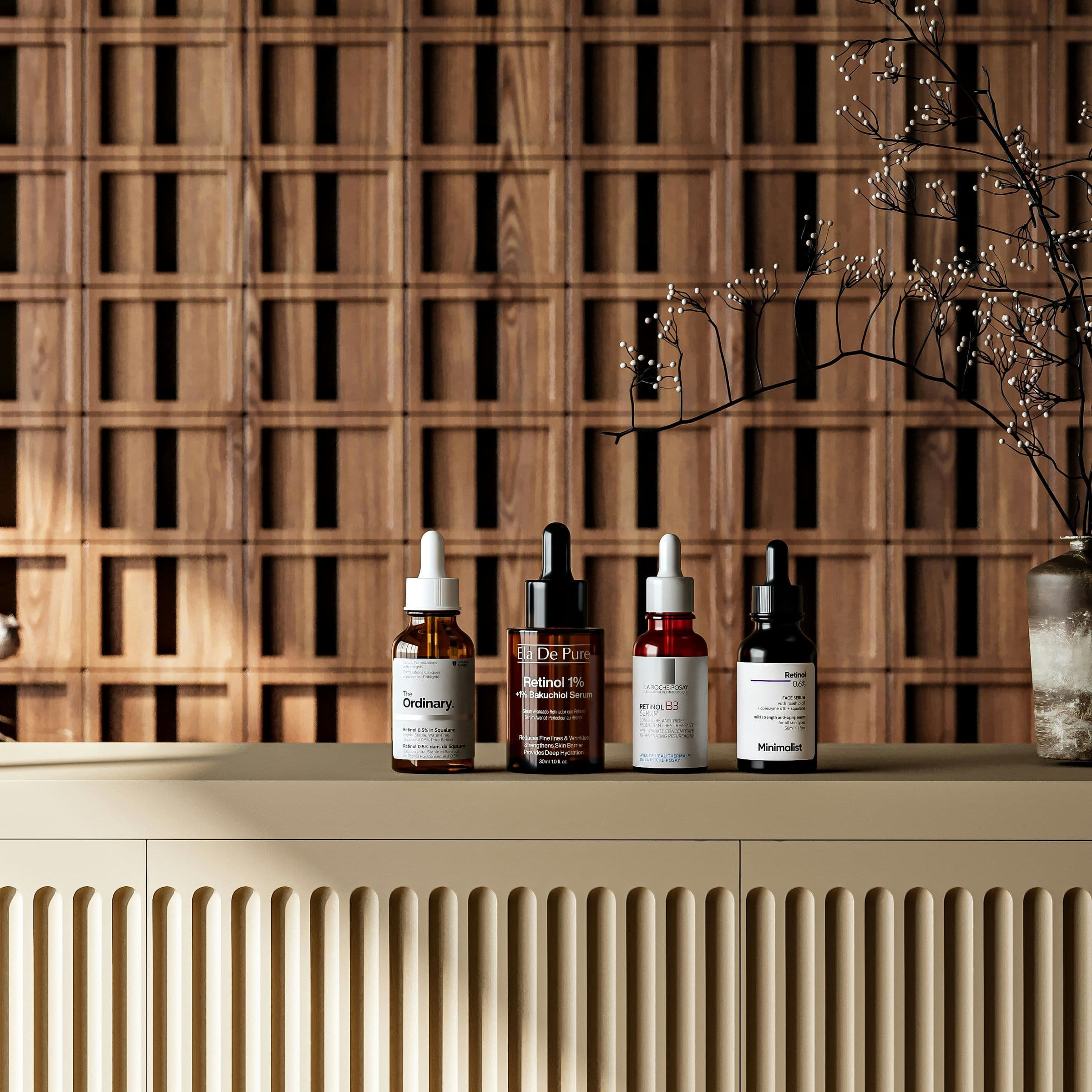 Skincare serum bottles on timber shelves