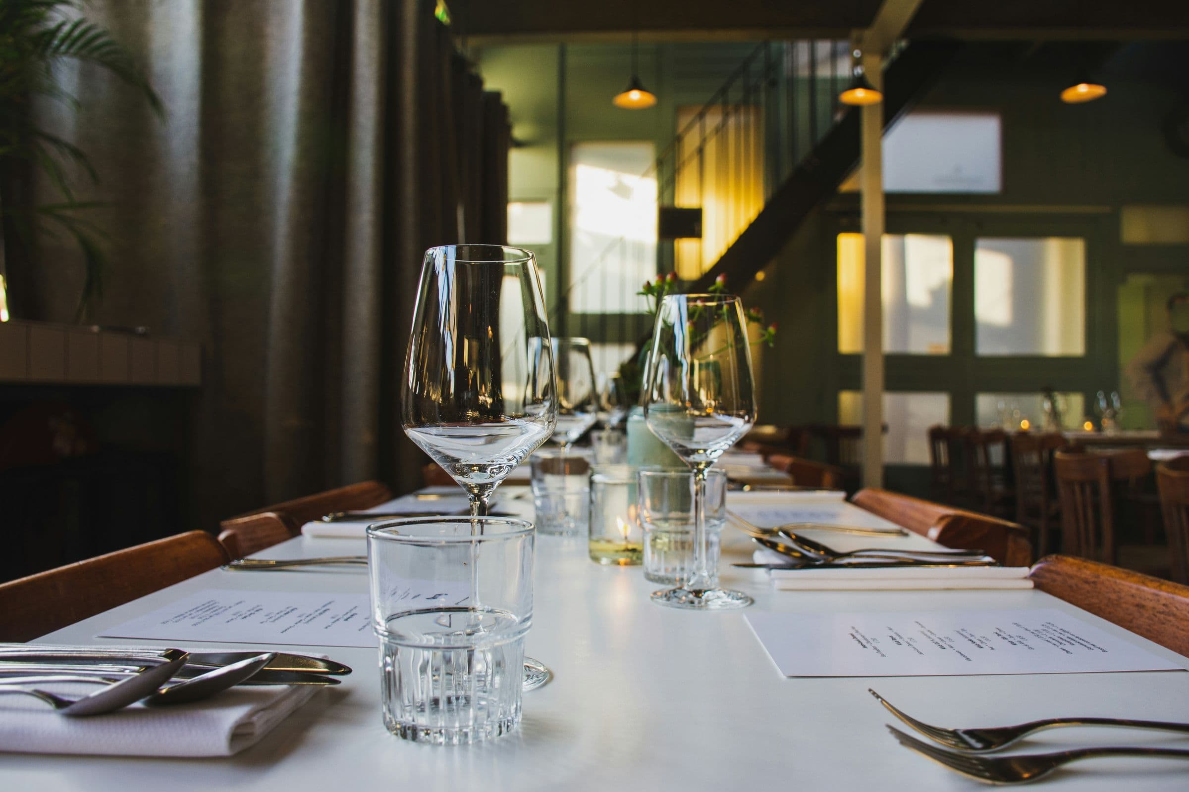 Dining table set with glassware