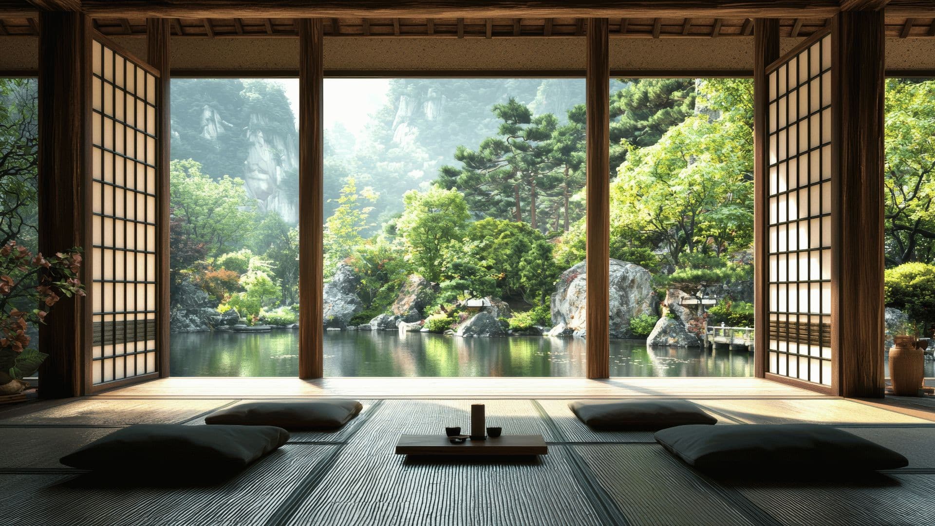 Tatami room opening onto a Japanese garden and lake