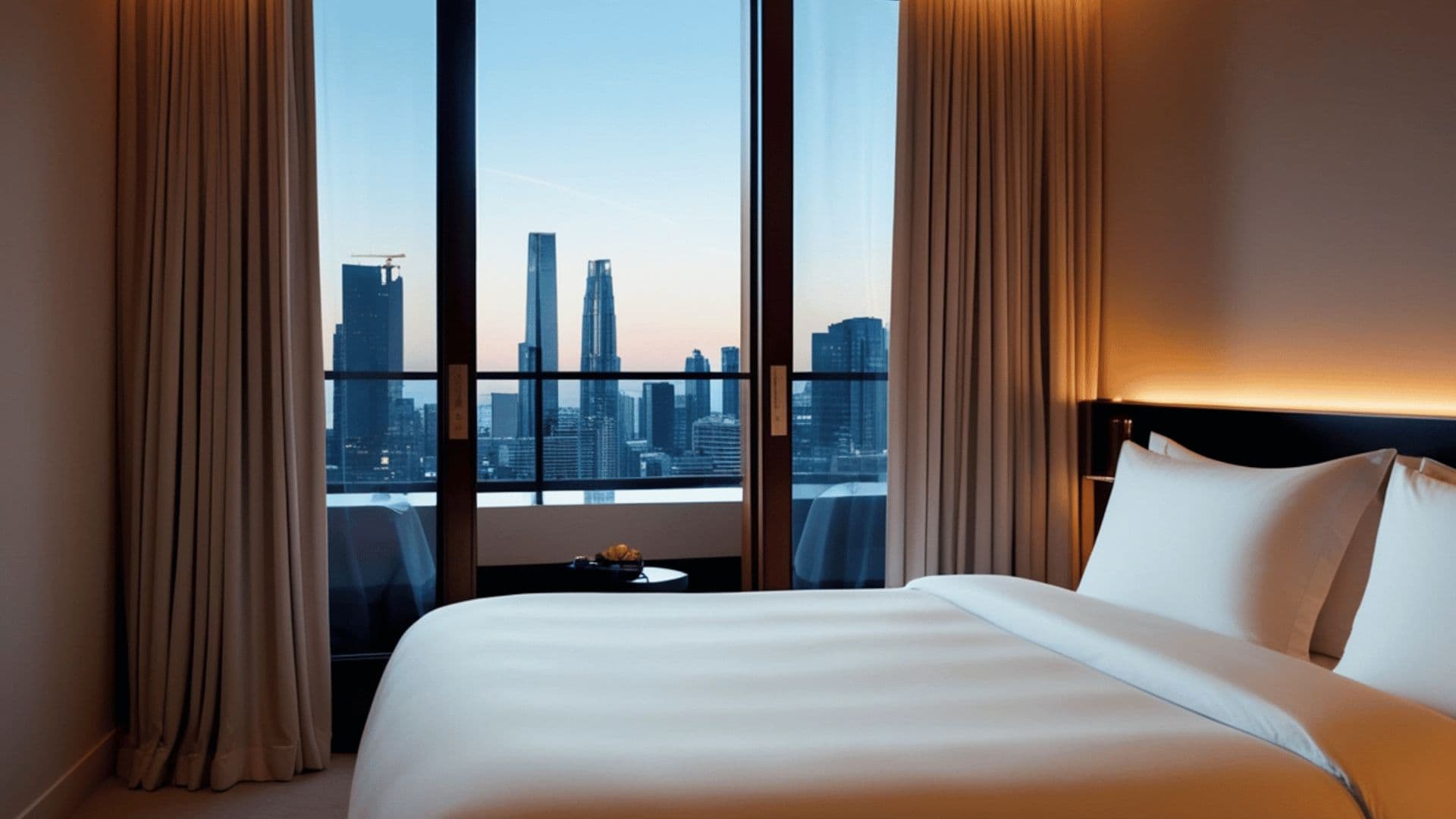 City hotel bedroom overlooking the skyline at dusk