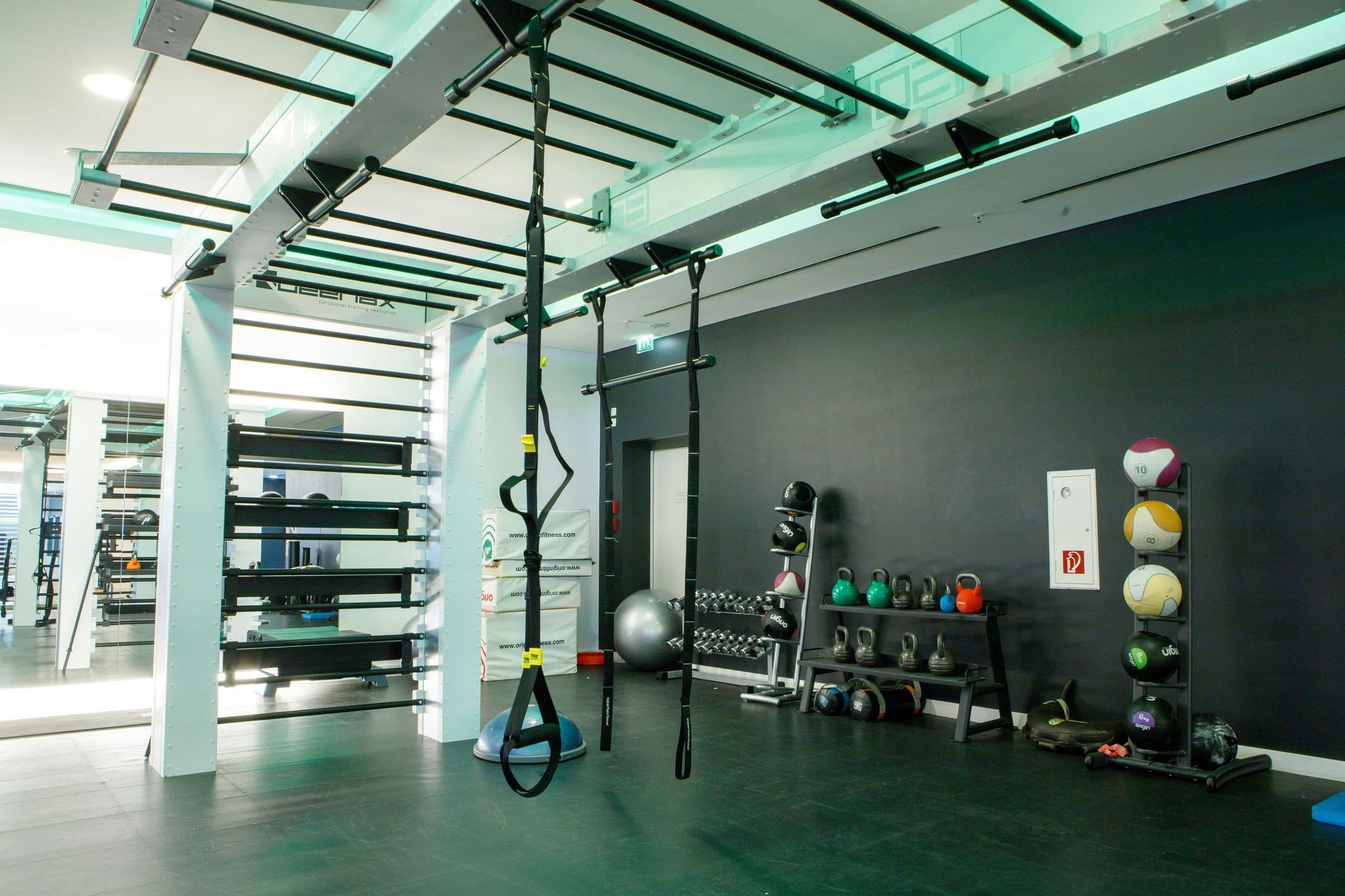 Functional training gym with a rig and weights