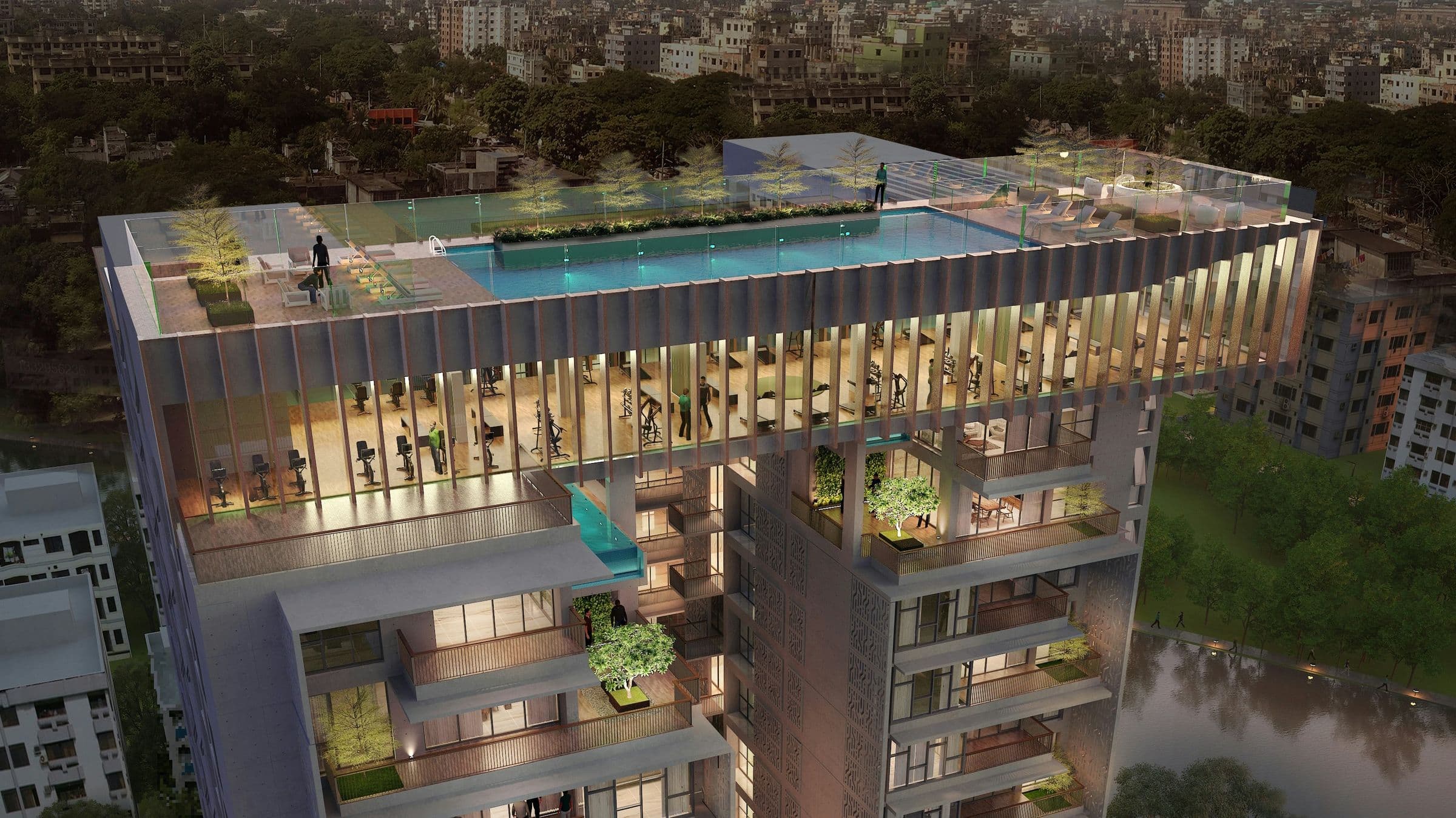 Rooftop infinity pool on top of a city hotel tower