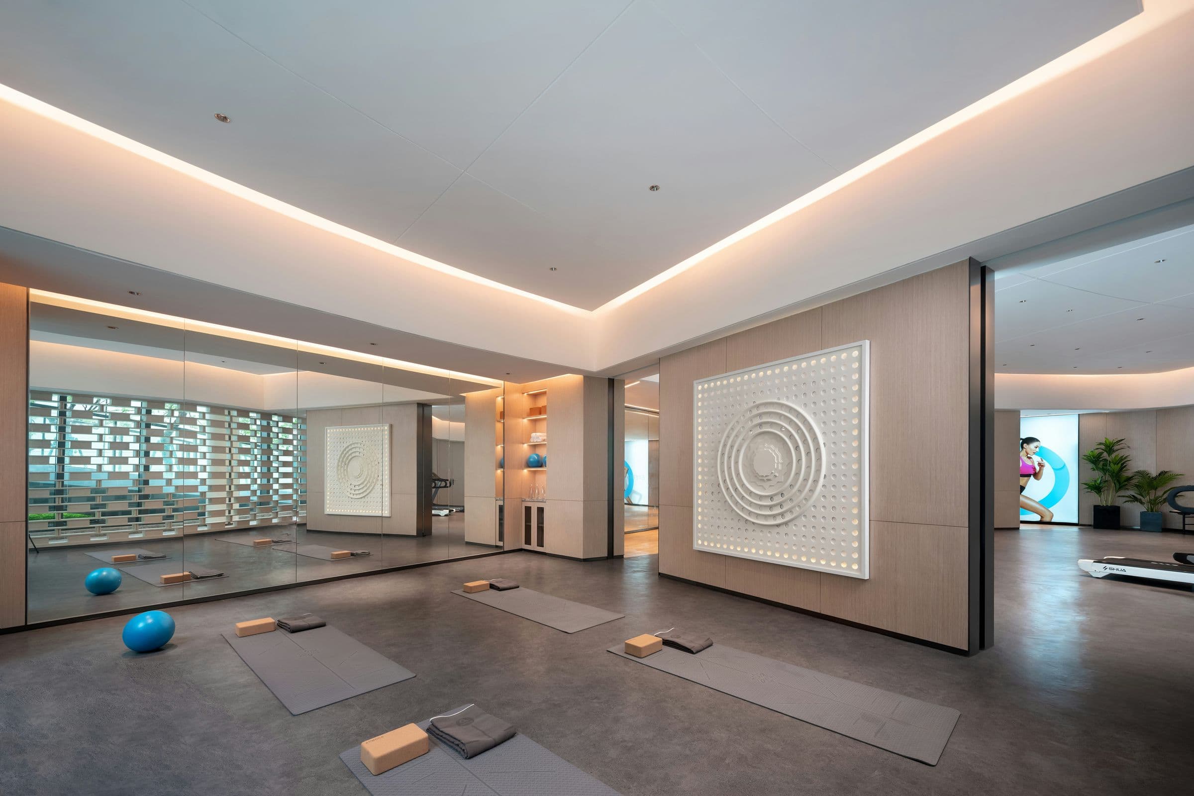 Light-filled yoga studio with mats laid out